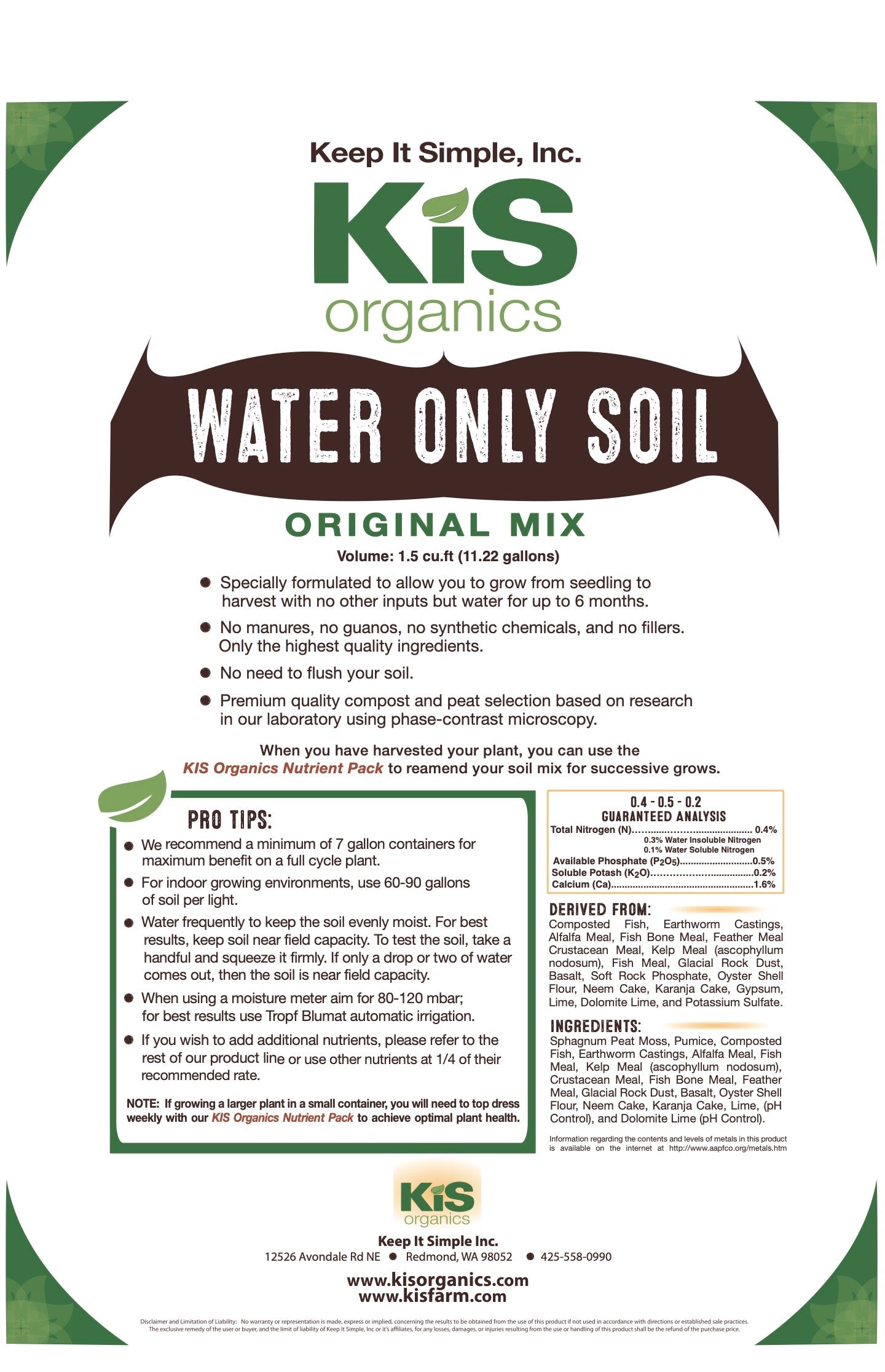 KIS Organics Water Only Soil Mix