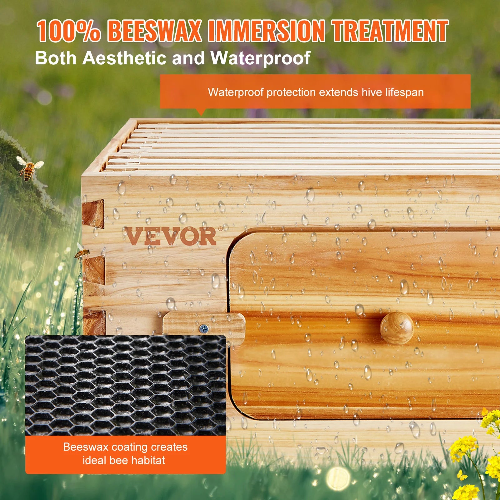 VEVOR Bee Hive Deep Box Starter Kit 100% Beeswax Coated Natural Cedar Wood Langstroth Beehive Kit Transparent Acrylic