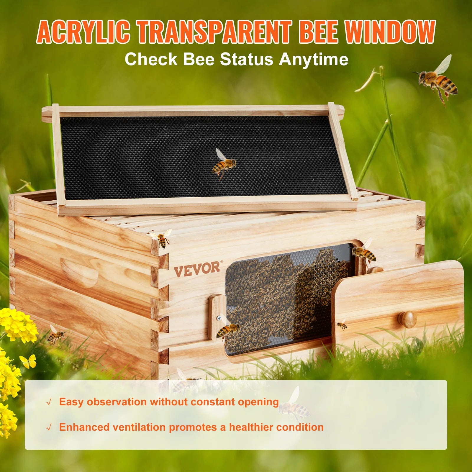 VEVOR Bee Hive Deep Box Starter Kit 100% Beeswax Coated Natural Cedar Wood Langstroth Beehive Kit Transparent Acrylic