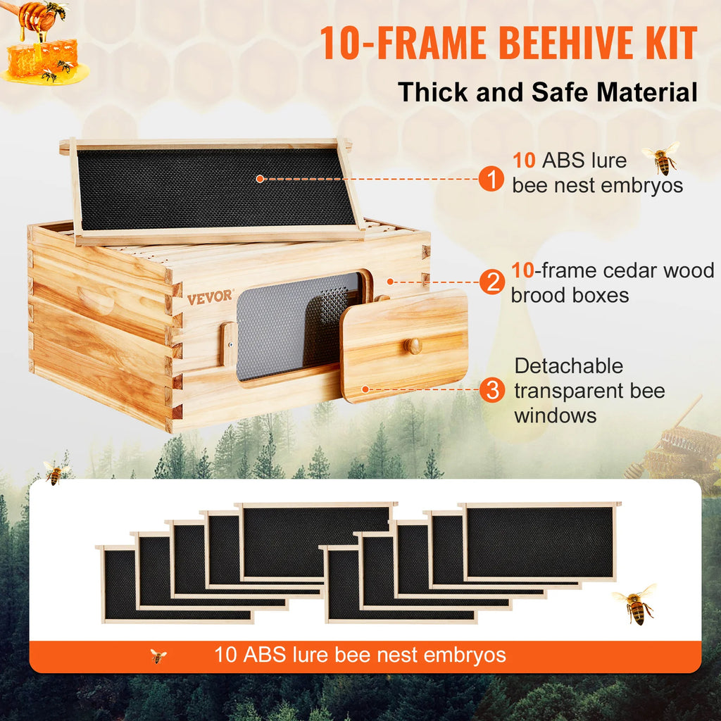 VEVOR Bee Hive Deep Box Starter Kit 100% Beeswax Coated Natural Cedar Wood Langstroth Beehive Kit Transparent Acrylic