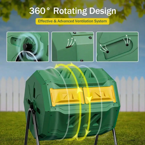 43 Gals Outdoor Compost Tumbler Bin Green Dual Chamber Large Composter Tumbling