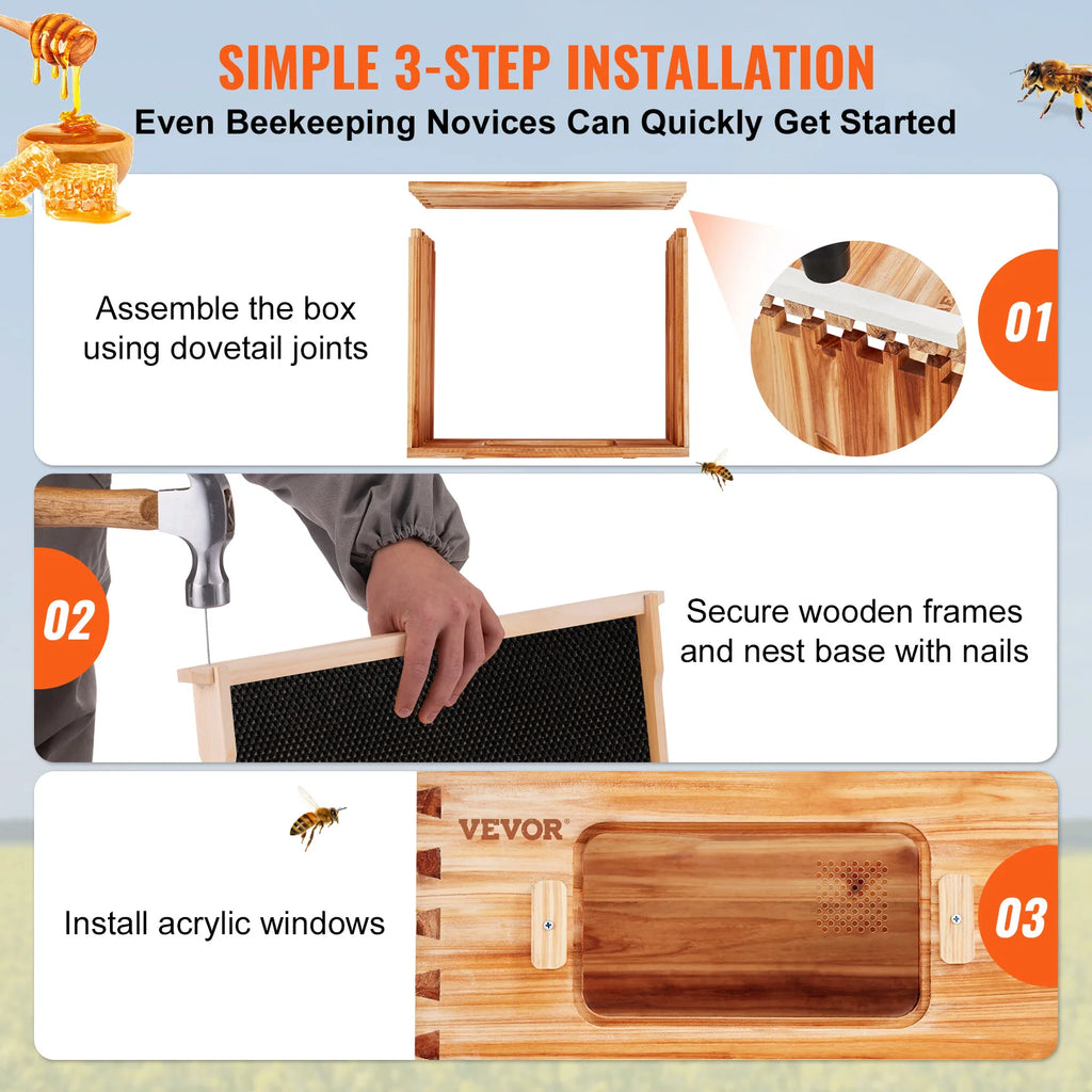 VEVOR Bee Hive Deep Box Starter Kit 100% Beeswax Coated Natural Cedar Wood Langstroth Beehive Kit Transparent Acrylic