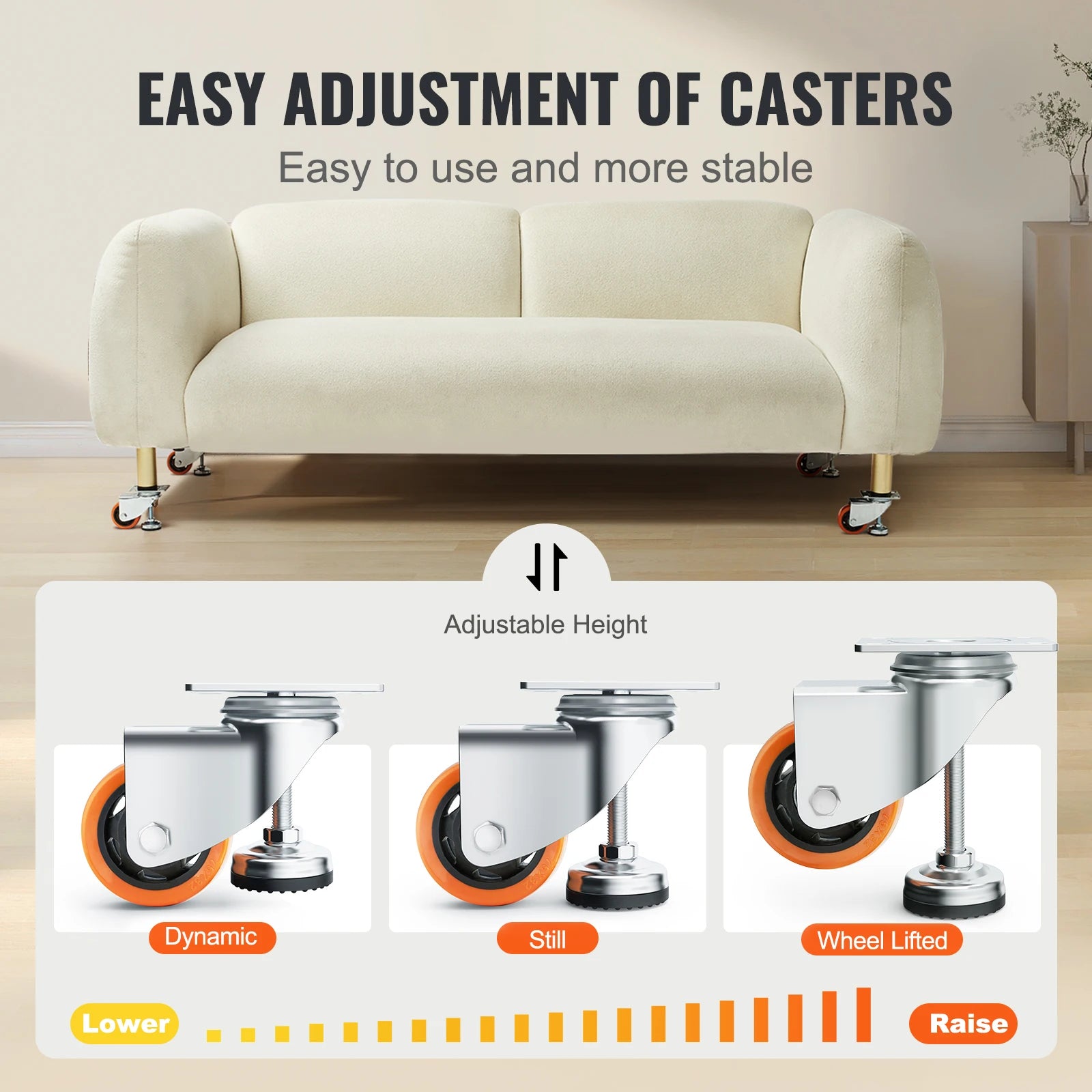 VEVOR 4pcs Leveling Casters 3 in Diameter 360 Degree Swivel Caster Wheels Adjustable with Feet for Workbench Machine Furniture