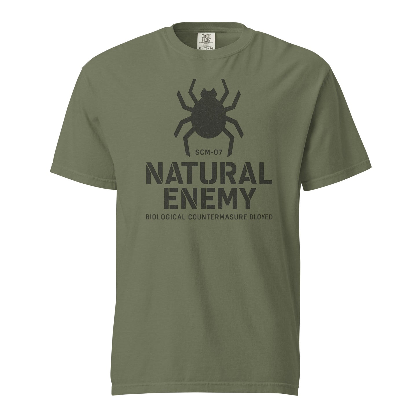 Green t-shirt with black spider graphic and text on a white background