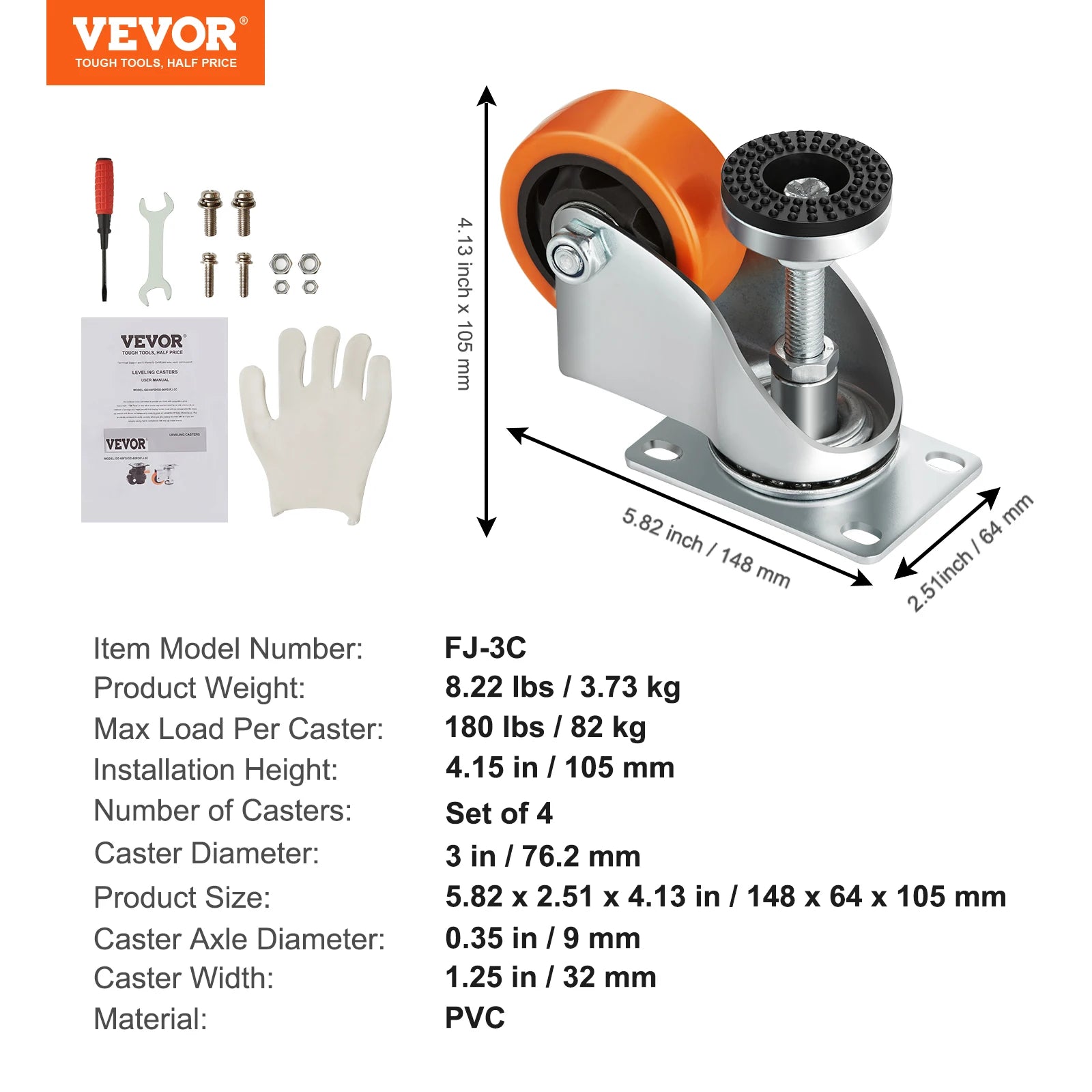 VEVOR 4pcs Leveling Casters 3 in Diameter 360 Degree Swivel Caster Wheels Adjustable with Feet for Workbench Machine Furniture