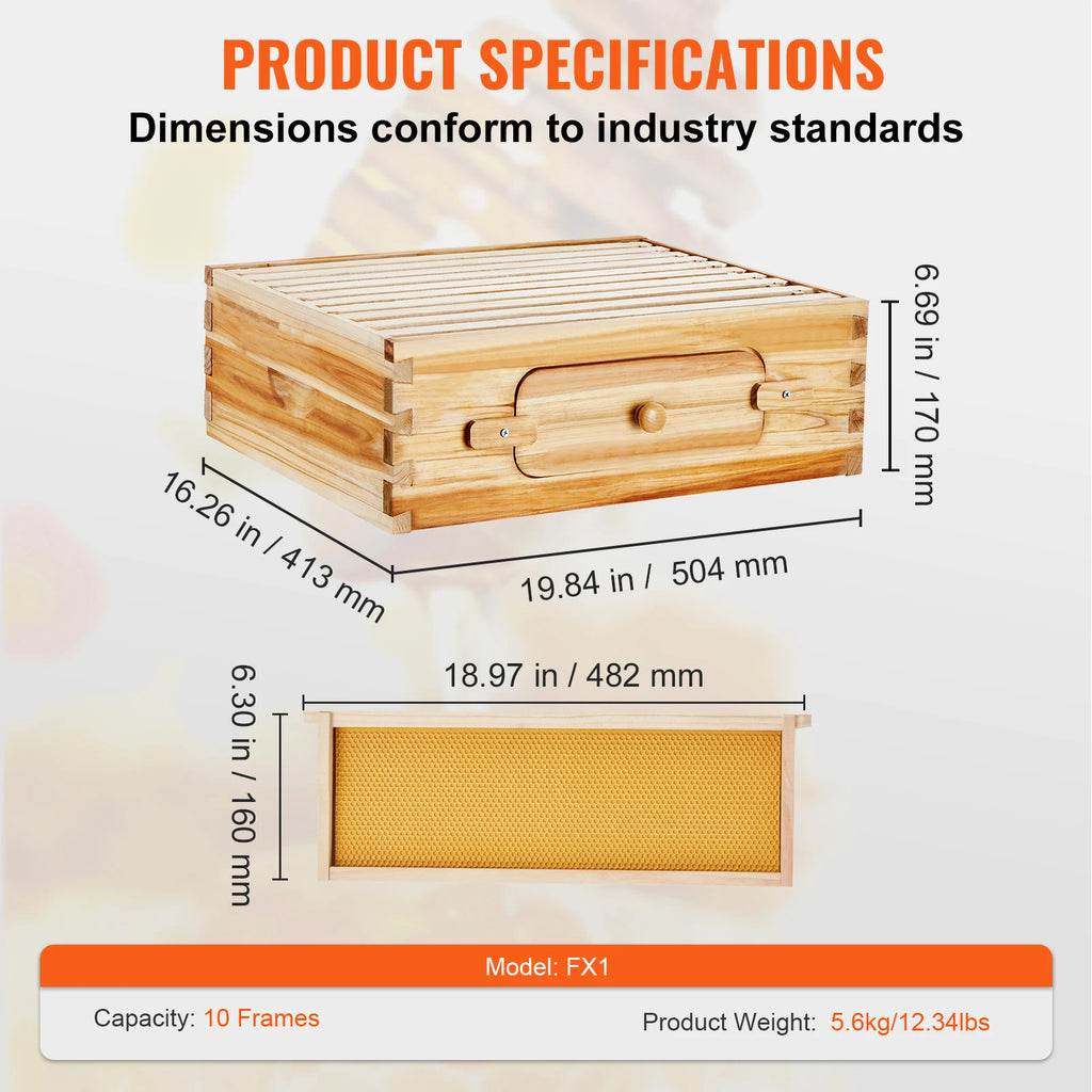 VEVOR Bee Hive Deep Box Starter Kit 100% Beeswax Coated Natural Cedar Wood Langstroth Beehive Kit Transparent Acrylic