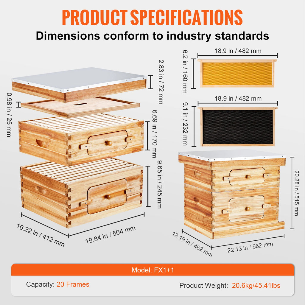 VEVOR Bee Hive Deep Box Starter Kit 100% Beeswax Coated Natural Cedar Wood Langstroth Beehive Kit Transparent Acrylic
