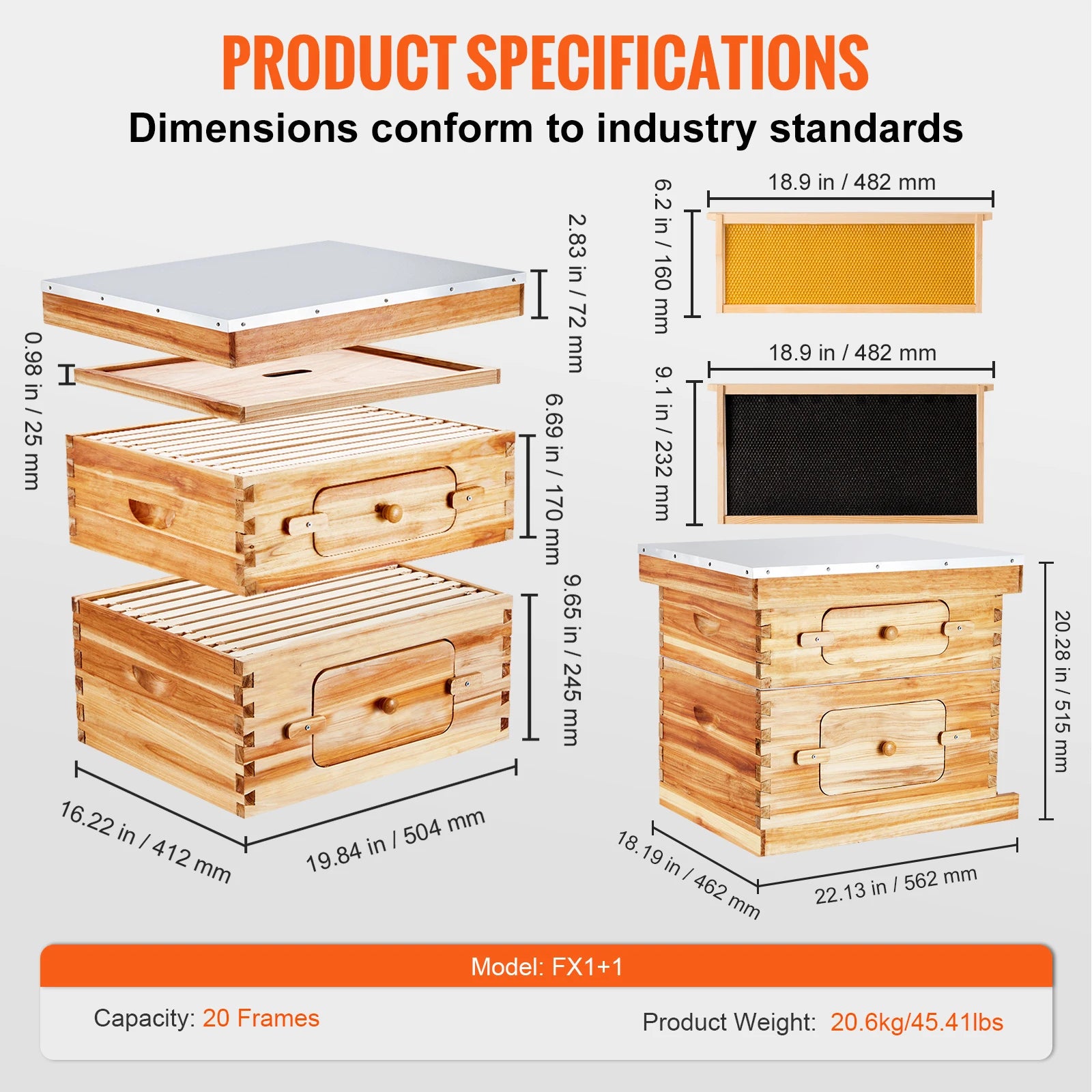 VEVOR Bee Hive Deep Box Starter Kit 100% Beeswax Coated Natural Cedar Wood Langstroth Beehive Kit Transparent Acrylic