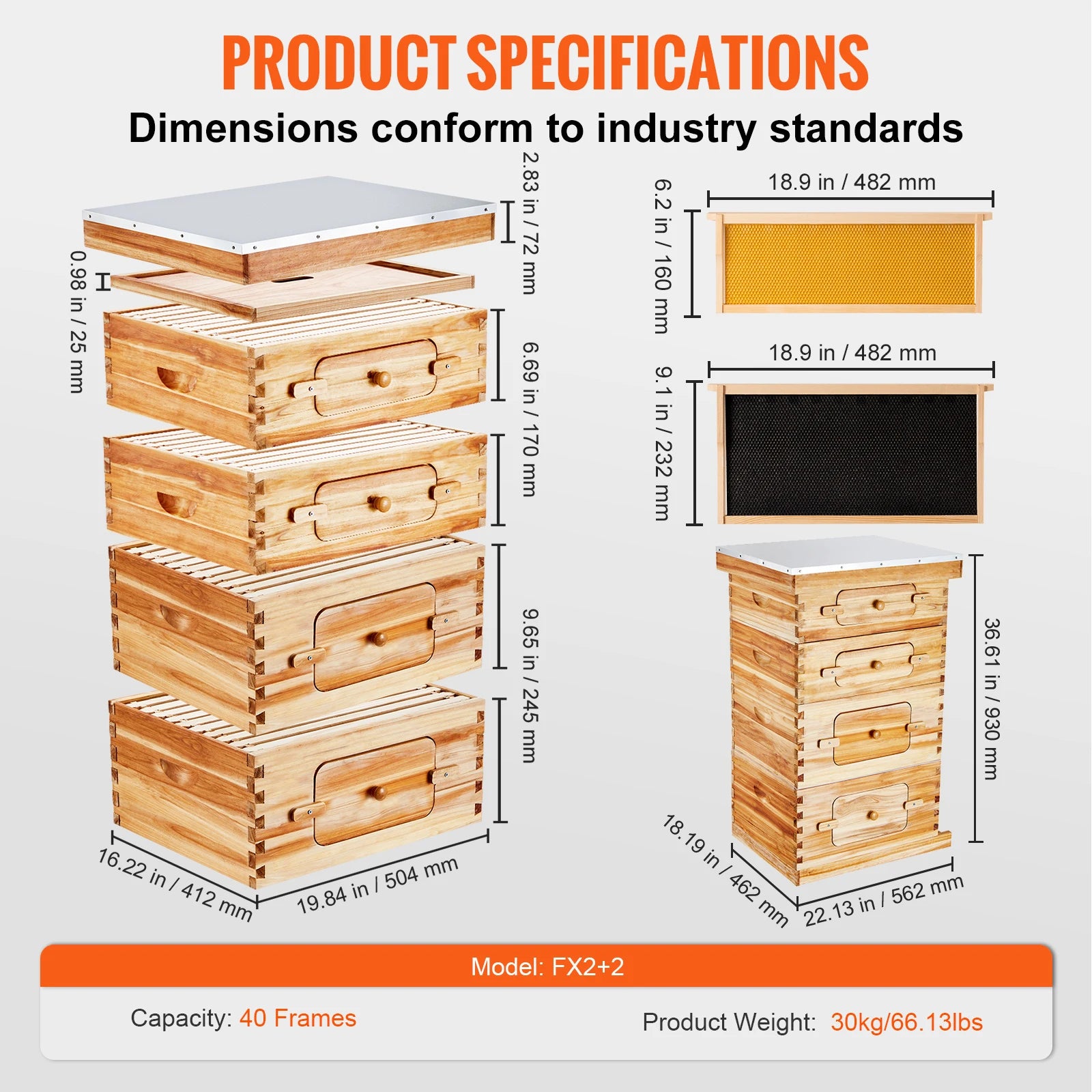 VEVOR Bee Hive Deep Box Starter Kit 100% Beeswax Coated Natural Cedar Wood Langstroth Beehive Kit Transparent Acrylic