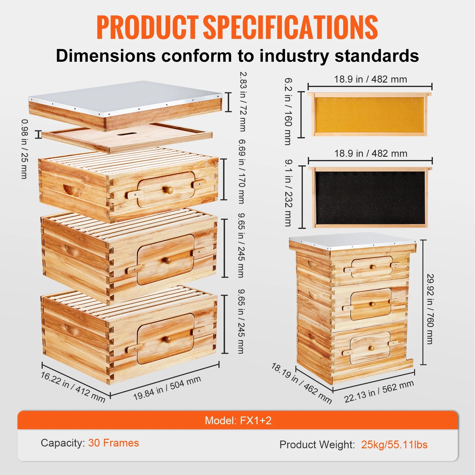 VEVOR Bee Hive Deep Box Starter Kit 100% Beeswax Coated Natural Cedar Wood Langstroth Beehive Kit Transparent Acrylic